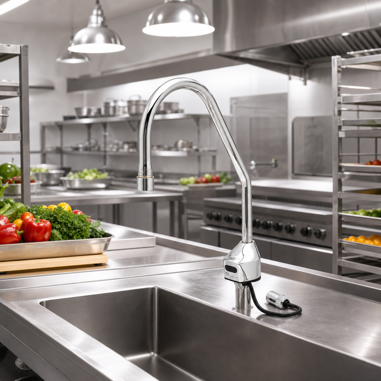 Product image #2 for ChekPoint Touchless Electronic Deck-Mount Faucet with Rigid Surgical Bend Gooseneck Nozzle and 2.2 GPM Laminar Flow Device