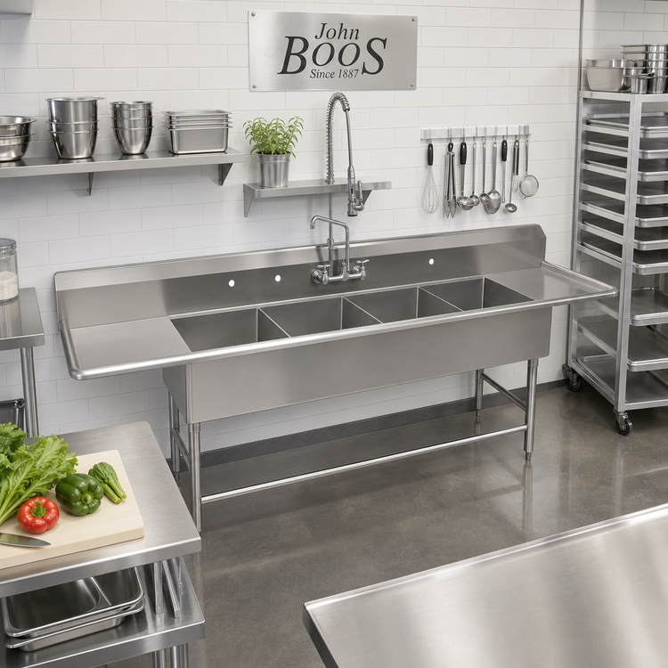 Product image #2 for John Boos Pro-Bowl 4-Compartment Stainless Steel Sink with 30" Left and Right Drainboards, 12" Deep Bowls
