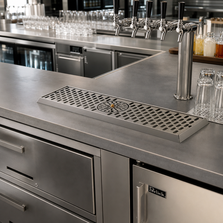 Product image #2 for Perlick C18000 Series 26-3/4 Inch Surface-Mount Stainless Steel Drip Tray Trough with Center Glass Rinser