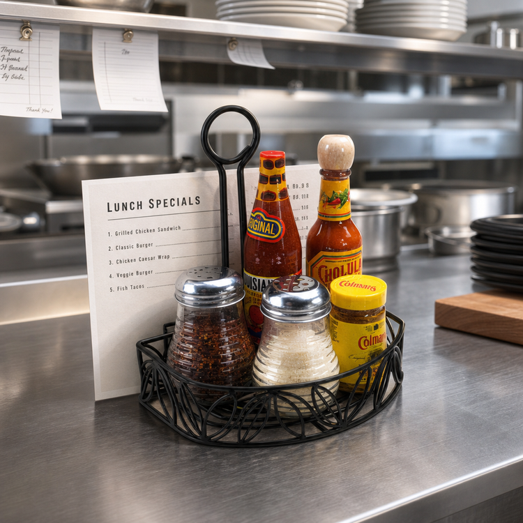 Product image #2 for Ironworks Semi-Round Black Wrought Iron 1-Compartment Condiment Caddy with Flat Back and Menu Clips