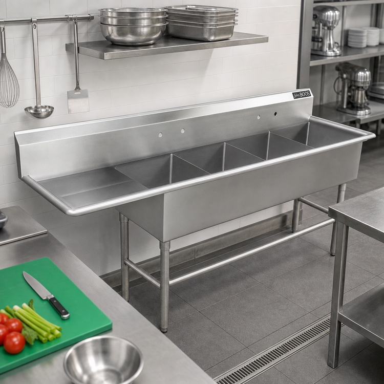 Product image #2 for John Boos Pro-Bowl 4-Compartment Sink with 24-Inch Left Drainboard, 12-Inch Deep Bowls, 16-Gauge Stainless Steel