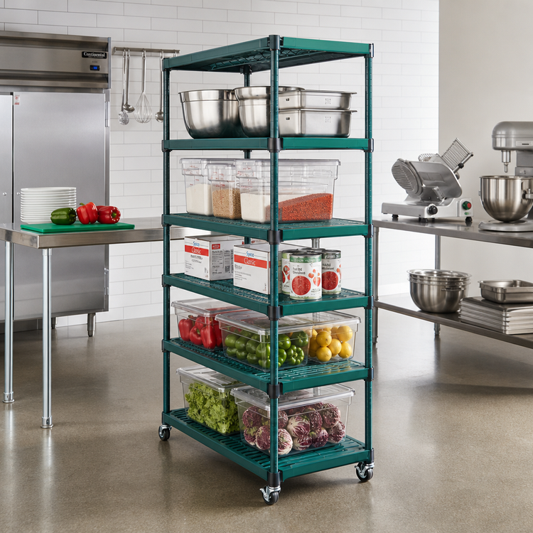 Product image #2 for Eagle Group QuadPLUS 5-Tier Mobile Wire Shelving Starter Unit, 60 x 24 x 74 Inches, Green Epoxy Finish