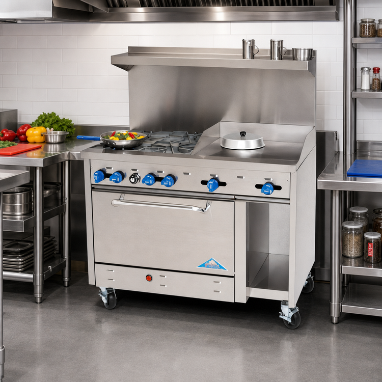 Product image #2 for Comstock-Castle 48-Inch Commercial Gas Range with 4 Open Burners, 24-Inch Griddle, Extra-Wide Oven, and Storage Cabinet