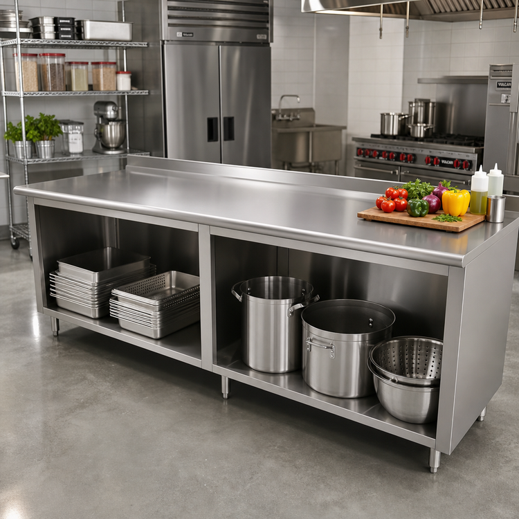 Product image #2 for Advance Tabco 108-Inch x 30-Inch 14-Gauge 304 Stainless Steel Work Table with Open Front Cabinet Base and 1-1/2-Inch Rear Up-Turn