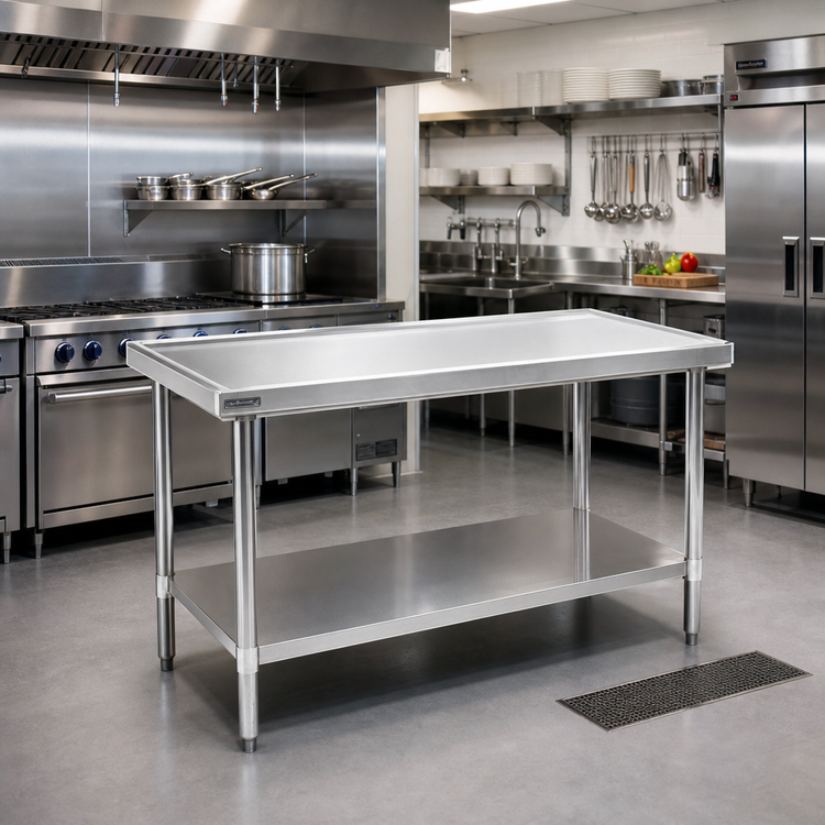 Product image #2 for Spec-Master Marine Series 108"W x 48"D 14 Gauge Stainless Steel Work Table with Box Marine Edge