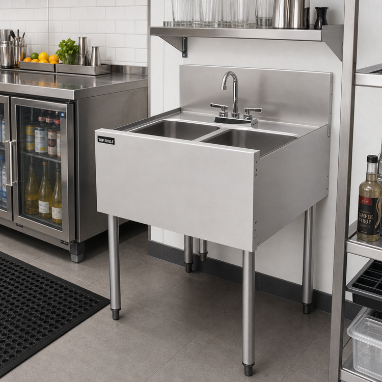 Product image #3 for Top Shelf TSF24M2 Two-Compartment Stainless Steel Underbar Sink Unit with Backsplash, 24 x 24 Inches