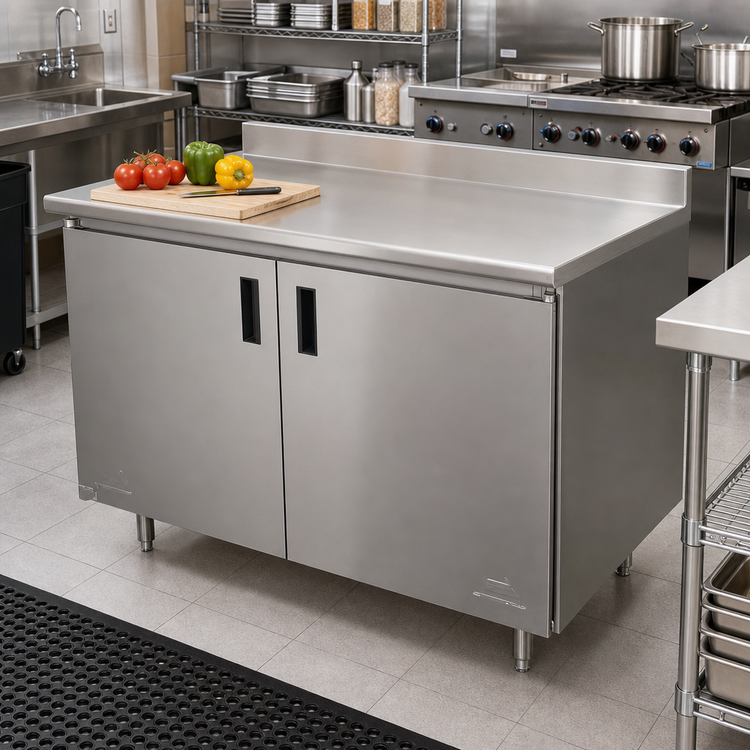 Product image #2 for Advance Tabco Special Value Series 96" x 30" Enclosed Work Table with Cabinet Base, 304 Stainless Steel Top, and 5" Backsplash