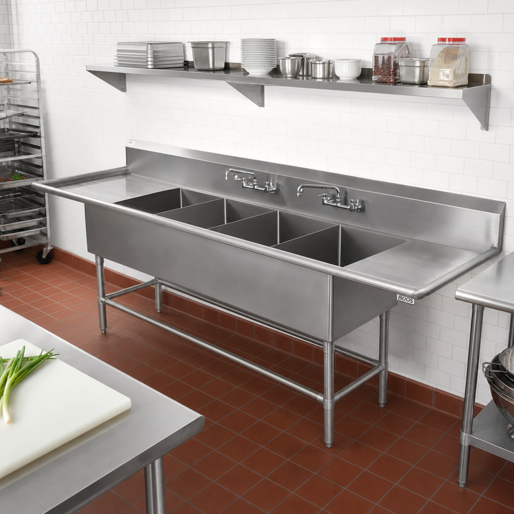 Product image #2 for John Boos Pro-Bowl 4-Compartment Sink with Left and Right Drainboards, 14-Gauge Stainless Steel, 135-1/4-Inch Wide