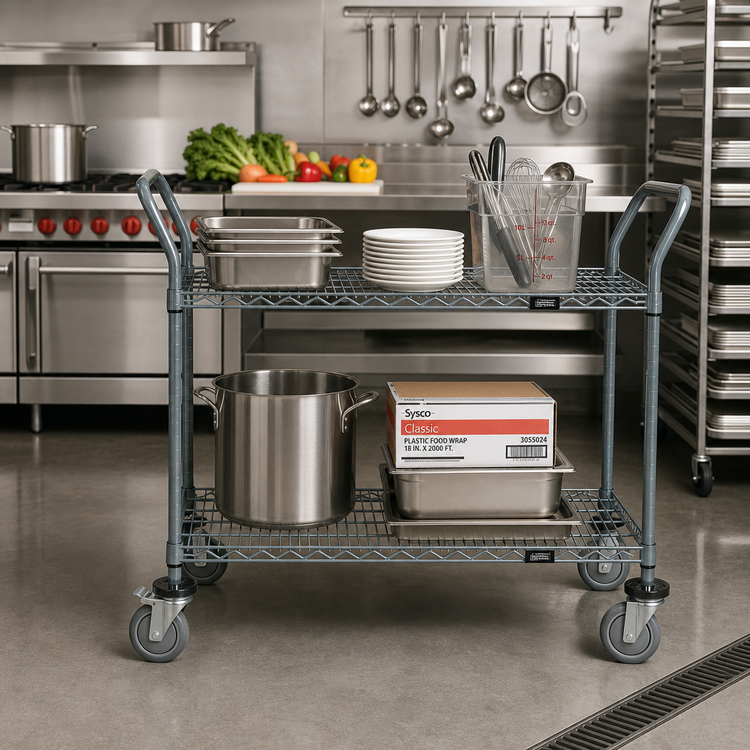 Product image #2 for Quantum Gray Epoxy Antimicrobial 2-Shelf Utility Bus Cart, 60 x 24 x 37.5 Inches