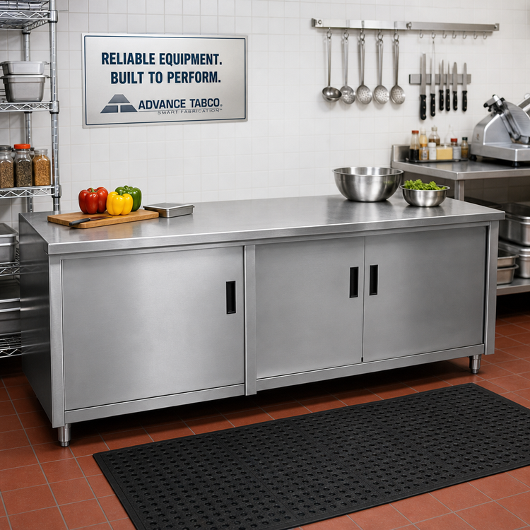 Product image #2 for Advance Tabco 84 Inch x 24 Inch 14 Gauge 304 Stainless Steel Enclosed Work Table with Cabinet Base, Mid-Shelf, and Hinged Doors