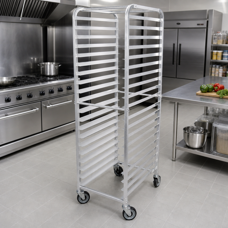 Product image #2 for Omcan Full-Size Mobile End-Load Aluminum Pan Rack with Curved Top, 20-Pan Capacity