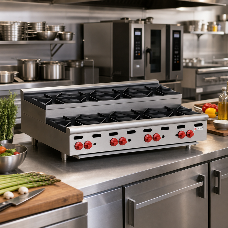 Product image #2 for Wolf Achiever 48-Inch Gas Countertop Hotplate with 4 Open Burners, 4 Step-Up Burners, 240,000 BTU
