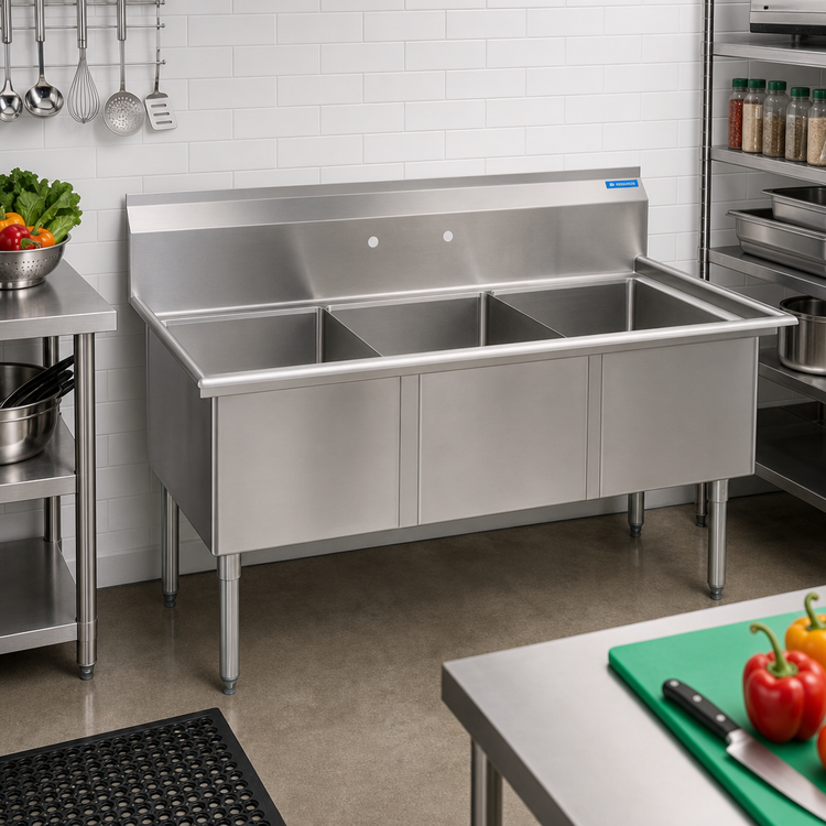 Product image #2 for BK Resources Three Compartment Stainless Steel Sink with No Drainboards and 9-Inch Backsplash