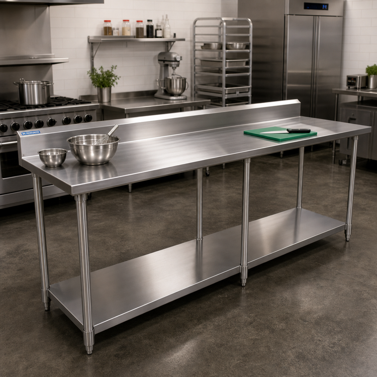Product image #2 for BK Resources 84-Inch x 30-Inch 16-Gauge Stainless Steel Work Table with 5-Inch Riser and Adjustable Undershelf