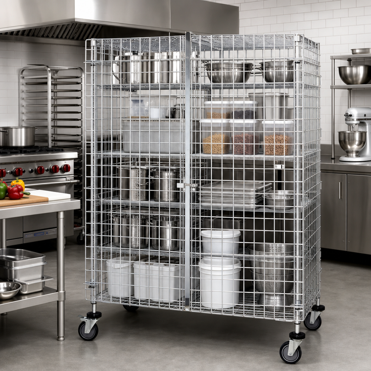 Product image #2 for Mobile Wire Security Cage Shelving Unit with Locking Doors