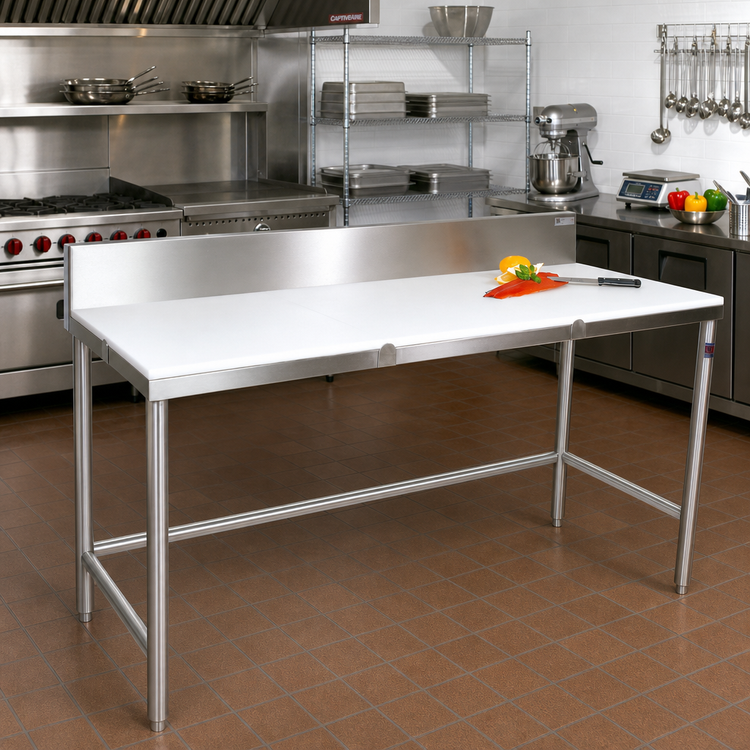 Product image #2 for John Boos TC102A 108 Inch x 30 Inch Poly Top Trimming Table with 6 Inch Boxed Backsplash