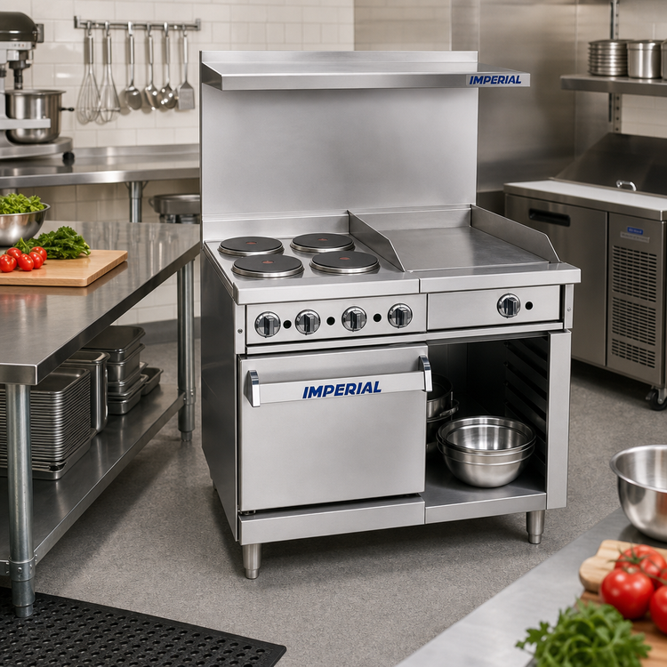 Product image #2 for Imperial Pro Series 36-Inch Electric Restaurant Range with 4 Round Elements, 12-Inch Thermostatic Griddle and Open Cabinet Base