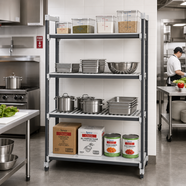 Product image #2 for Cambro Camshelving Elements XTRA 54-Inch Wide x 21-Inch Deep x 84-Inch High 4-Tier Stationary Starter Shelving Unit, 3 Vented + 1 Solid, Speckled Gray