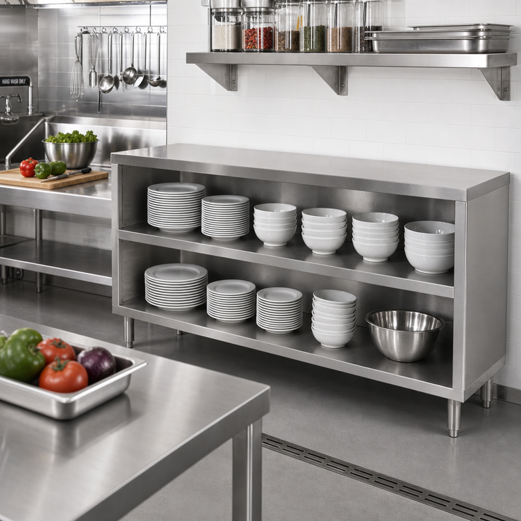 Product image #2 for John Boos Open Front Stainless Steel Dish Cabinet with Mid-Shelf and Adjustable Bullet Feet, 72 Inch