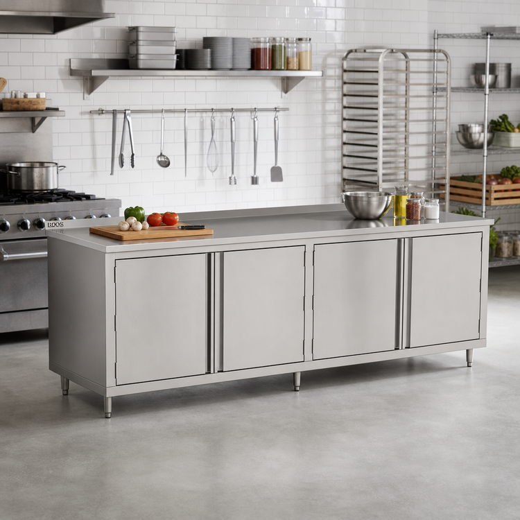 Product image #2 for John Boos 108"W x 24"D Enclosed Cabinet Base Work Table with Hinged Doors, 16-Gauge Stainless Steel Top and 1-1/2" Rear Riser