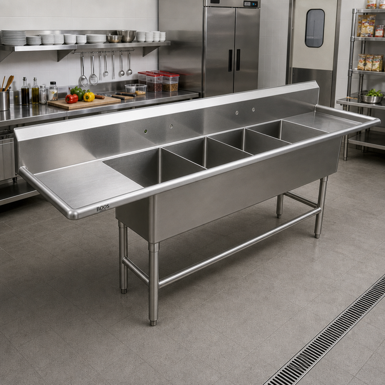 Product image #2 for John Boos Pro-Bowl 4-Compartment Stainless Steel Sink with Dual Drainboards and 12-Inch Deep Bowls