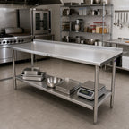 Thumbnail image #2 for John Boos Stallion ST4R1.5-36144SSK 144" x 36" Stainless Steel Work Table, 14-Gauge 300 Series Top, Rear Up-Turn, Adjustable Undershelf