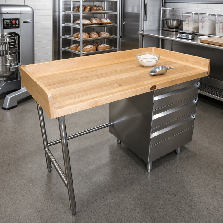 Product image #2 for Advance Tabco BST-364R 48 x 36 Inch Bakers' Top Work Table with Wood Top, Rear and Side Splashes, and 3 Drawer Tiers