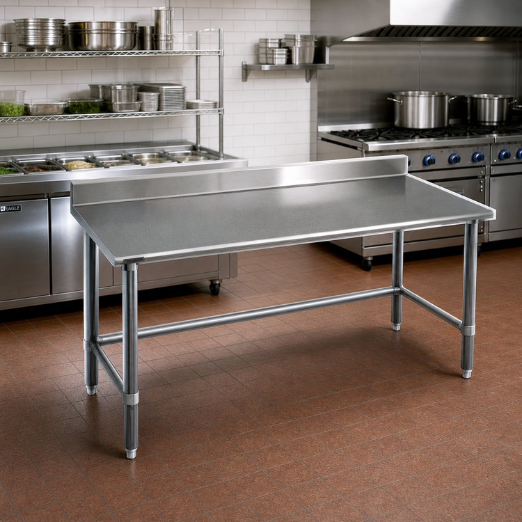 Product image #2 for Eagle Group Deluxe Series Stainless Steel Work Table with Rolled Front Edge and 4-1/2 Inch Backsplash, 144 x 36 Inches