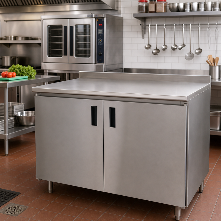 Product image #2 for Advance Tabco Enclosed Work Table with Hinged Doors, 84 x 24 Inches, 14-Gauge 304 Stainless Steel Top