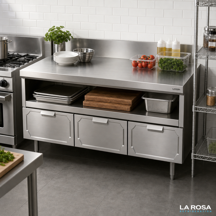 Product image #2 for La Rosa Refrigeration 60-Inch x 28-Inch 304 Stainless Steel Utility Stand with Three Dry-Drawer Base and Rear Splash