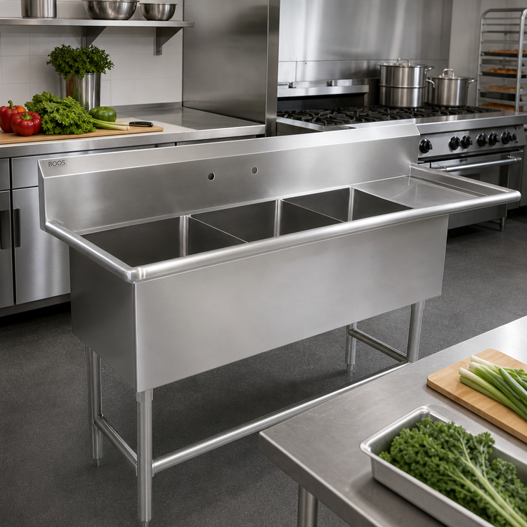 Product image #2 for John Boos Pro-Bowl 3-Compartment Stainless Steel Sink with 24-Inch Right Drainboard, 14-Inch Deep Bowls