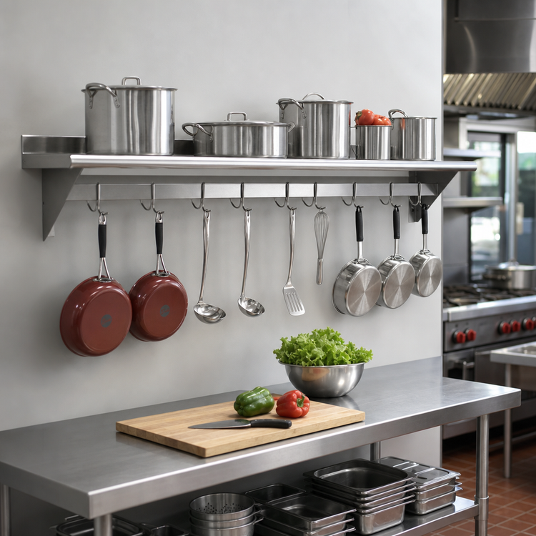 Product image #2 for Advance Tabco Wall-Mounted Stainless Steel Shelf with Pot Rack, 84-Inch Wide x 15-Inch Deep