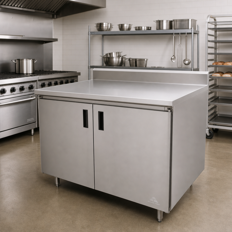 Product image #2 for Advance Tabco Special Value Enclosed Work Table with Cabinet Base, 48 x 30-Inch 304 Stainless Steel Top and 5-Inch Backsplash