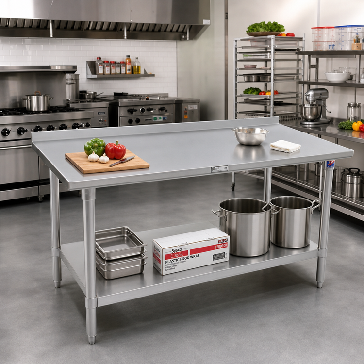 Product image #2 for John Boos Stallion 16-Gauge 300-Series Stainless Steel Work Table, 144 x 36 Inches, 1-1/2-Inch Rear Up-Turn, Open With Undershelf