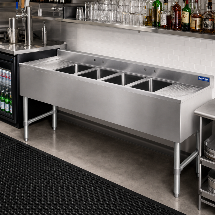 Product image #2 for Sapphire Manufacturing 4-Compartment Stainless Steel Underbar Sink with Left and Right Drainboards, 72 Inch Wide