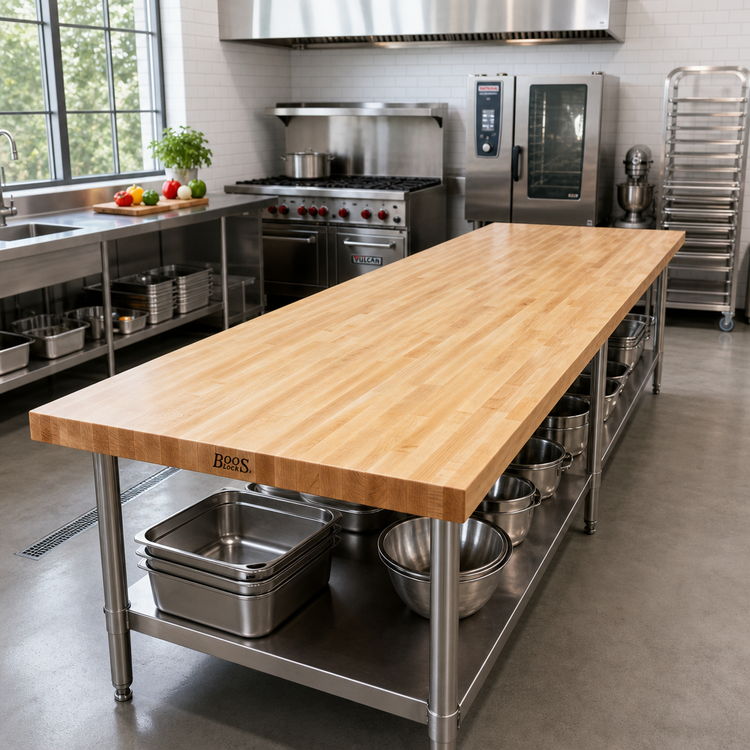 Product image #2 for John Boos Boos Block Blended Rails Edge Grain Maple Kitchen Countertop, 144 x 32 x 1-1/2 Inch, Flat Top, Varnique Finish