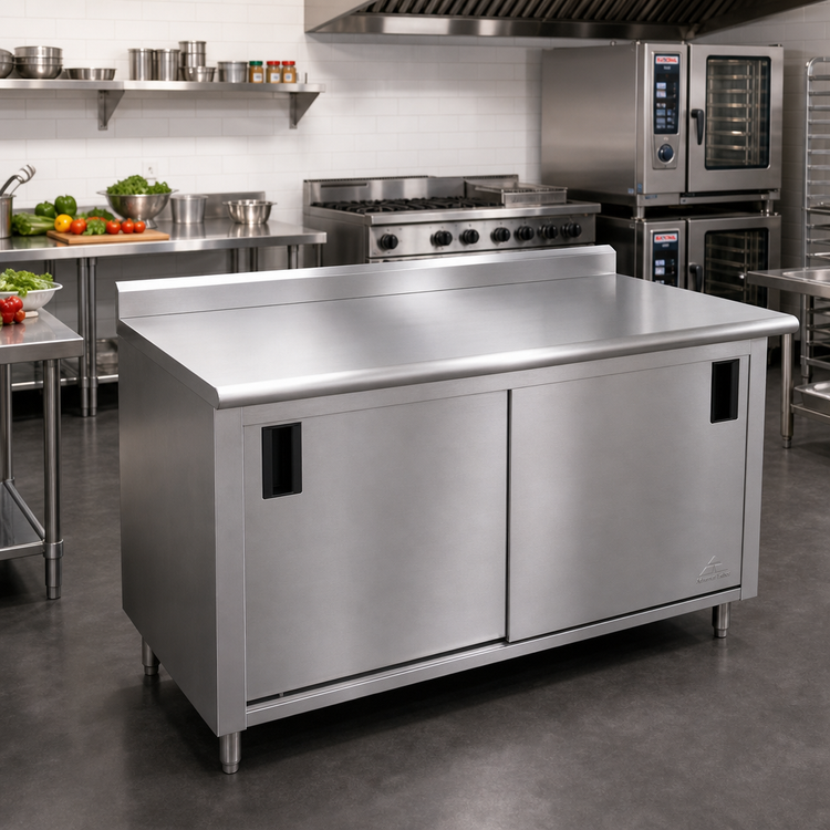 Product image #2 for Advance Tabco 96-Inch x 24-Inch Enclosed Stainless Steel Work Table with Cabinet Base, Mid-Shelf and Sliding Doors