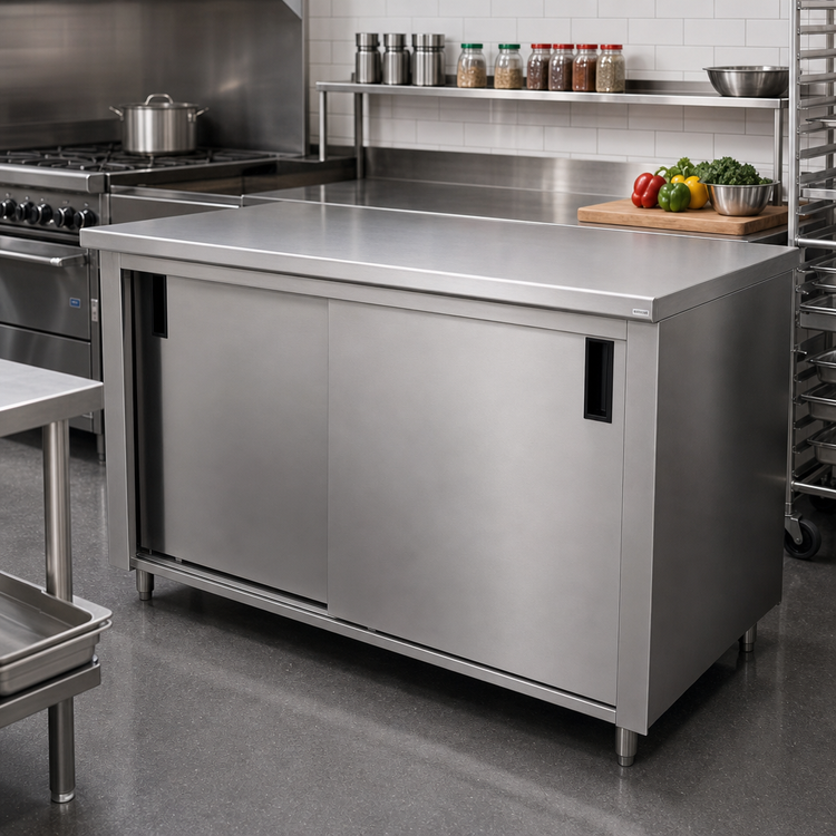 Product image #2 for Advance Tabco 96-Inch x 24-Inch Enclosed Stainless Steel Work Table with Cabinet Base, Mid-Shelf and Sliding Doors