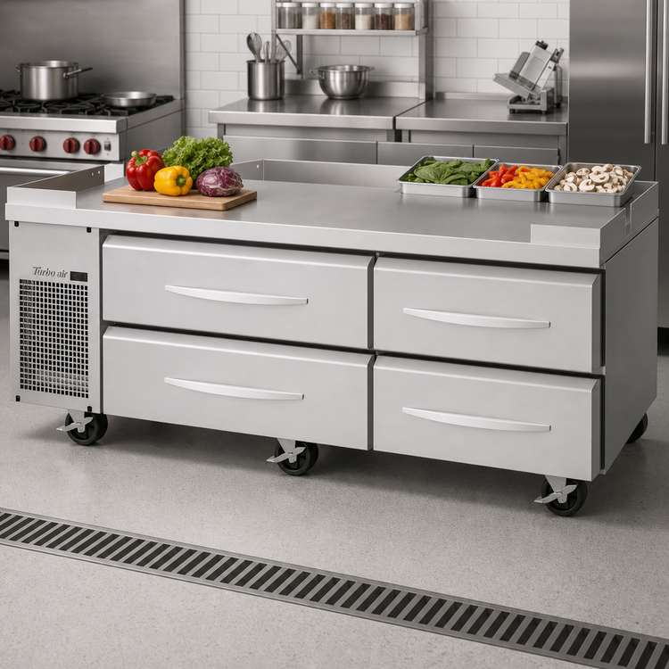 Product image #2 for Turbo Air PRO Series 72-Inch Two-Section Refrigerated Chef Base with 4 Drawers and Stainless Steel Flat Top