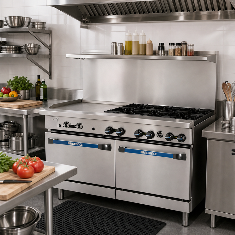 Product image #2 for Bake Tech Innovation Radiance 60-Inch Gas Restaurant Range with 6 Open Burners, 24-Inch Left Griddle and 2 Standard Ovens