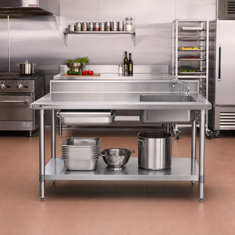 Product image #2 for Eagle Spec-Master 72-Inch Stainless Steel Prep Table with Right Sink, Left Drawer and Undershelf