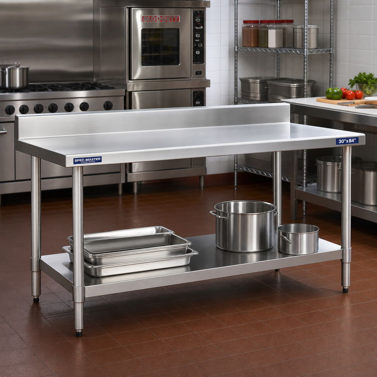 Product image #2 for Spec-Master Marine Series 30" x 84" Stainless Steel Work Table with Backsplash and Undershelf
