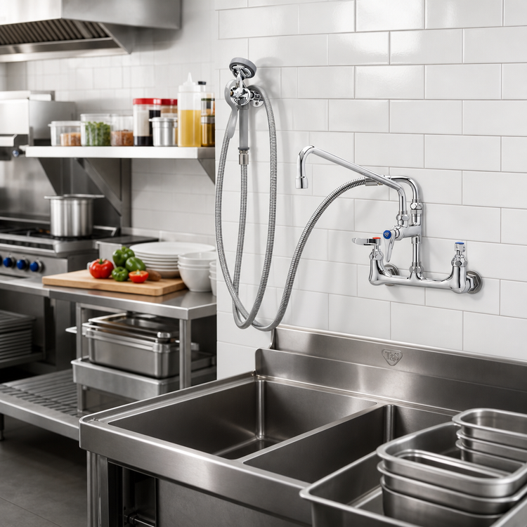 Product image #2 for T&S Brass B-0175 Wall-Mount Mixing Pre-Rinse Faucet Assembly with 8-Inch Adjustable Centers, 12-Inch Swing Nozzle, and 104-Inch Hose
