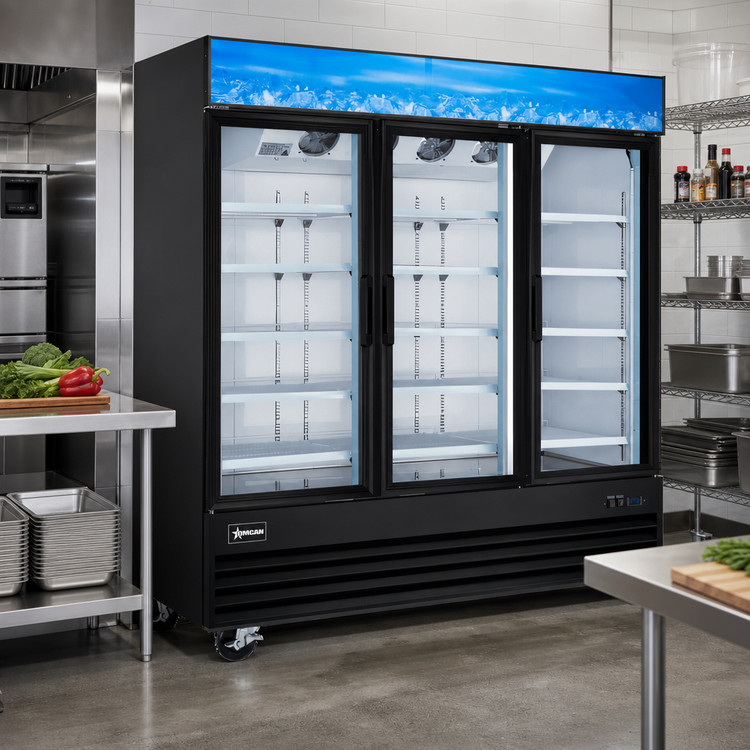 Product image #2 for Omcan 80-Inch Three-Section Reach-In Glass Door Display Freezer, 52.3 Cu. Ft., Self-Contained Bottom Mount, Black