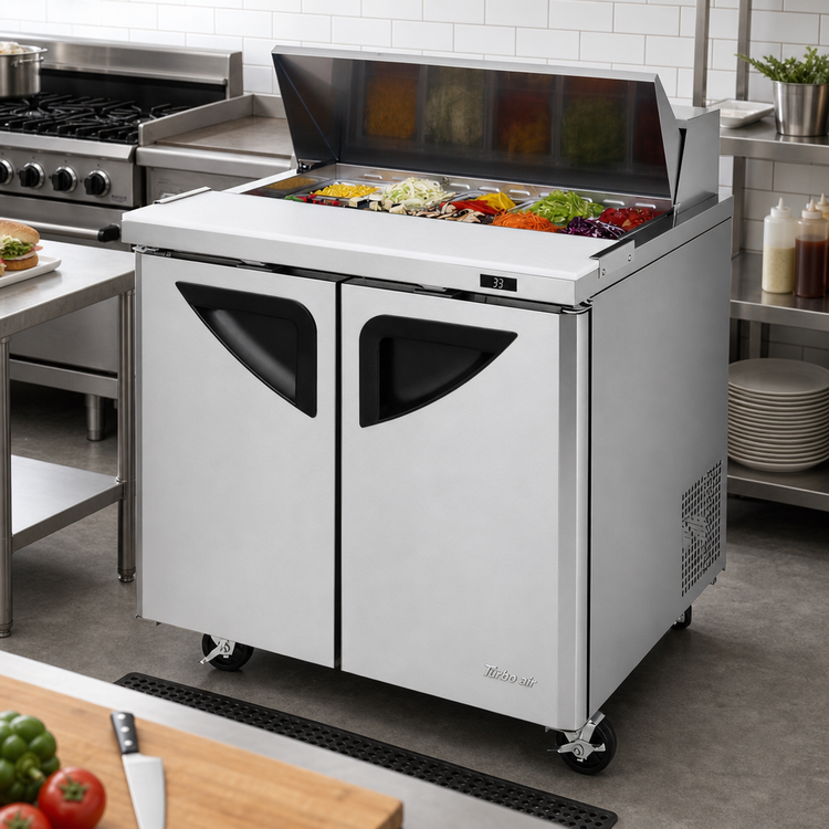 Product image #2 for Turbo Air Super Deluxe 36-Inch Two-Section Refrigerated Sandwich/Salad Prep Table, 10-Pan Opening, Rear-Mounted Self-Contained, Stainless Steel, 115V