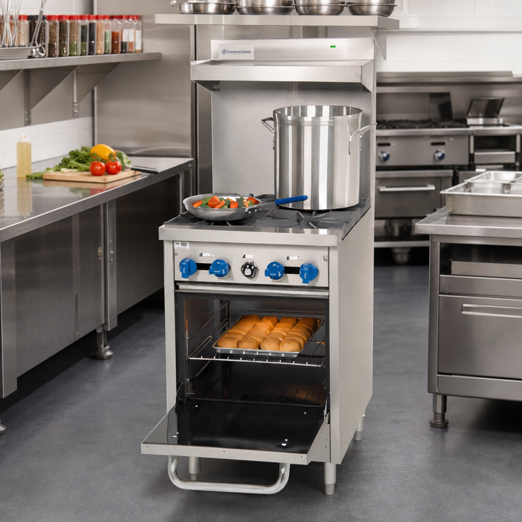 Product image #2 for Comstock-Castle F318 24-Inch Commercial Gas Range with 4 Open Burners, Space-Saver Oven, Backriser and High Shelf