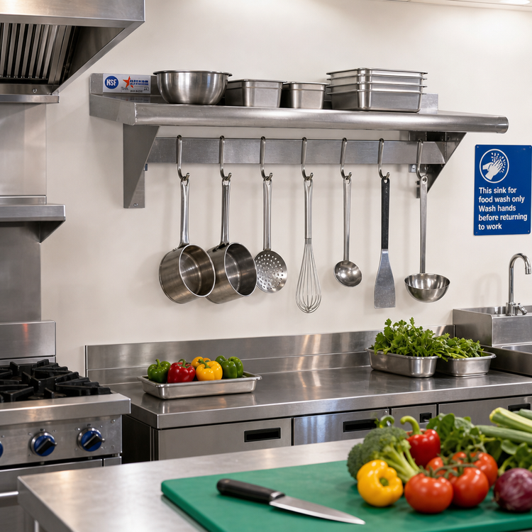Product image #2 for Omcan Stainless Steel Wall-Mounted Pot Rack Shelf with 7 Hooks, 12 x 36 Inches