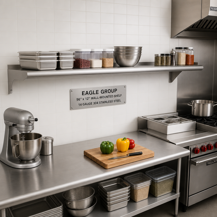 Product image #2 for Eagle Group 96-Inch x 12-Inch Wall-Mounted Shelf, 14 Gauge 304 Stainless Steel