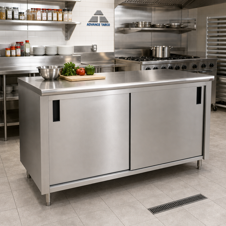 Product image #2 for Advance Tabco Special Value Series Enclosed Work Table with Cabinet Base and Sliding Doors, 96 x 24 Inches, 16-Gauge 304 Stainless Steel Top