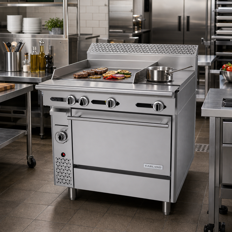 Product image #2 for Garland Cuisine Series 36-Inch Heavy Duty Gas Combination Top Range with 24-Inch Griddle, 12-Inch Hot Top and Standard Oven